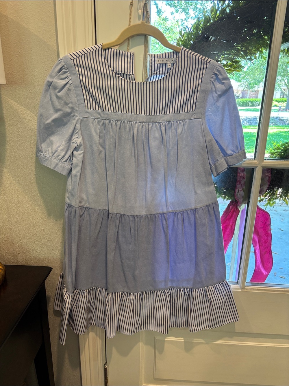 English Factory Light Blue Puff Sleeve Striped Yoke Dress